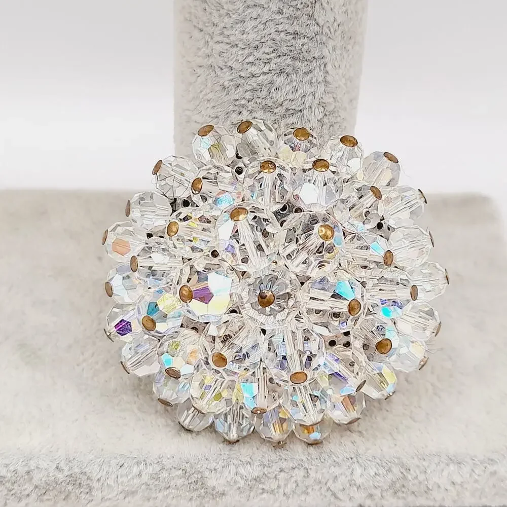 Vintage AB Crystal Beaded Brooch Clear Aurora Borealis Round 2 Inch 1960s